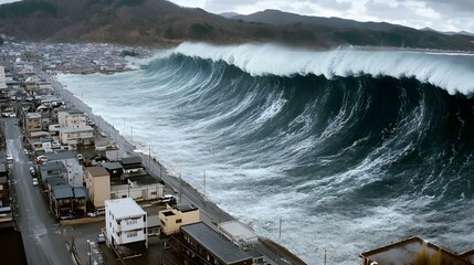 An ominous tsunami wave rushes toward the coast, with its curling peak and frothy waters threatening everything in its path. The dramatic composition emphasizes the unstoppable and destructive 