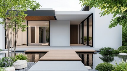 Contemporary Architectural Design with Minimalist Aesthetic Featuring Water and Greenery Elements