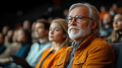Fototapeta premium Attentive senior man in audience, listening intently.