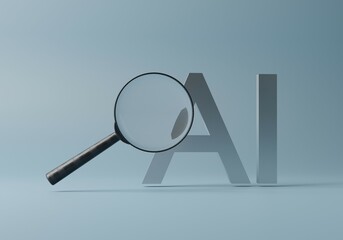 Magnifying Glass on AI. Artificial intelligence ethics, regulation, analysis concept. Light blue minimal background. 3d render.