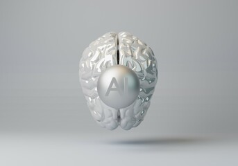 AI Artificial Intelligence Concept. Brain on Minimal Abstract Silver Background. AI machine learning. Minimal 3D render.