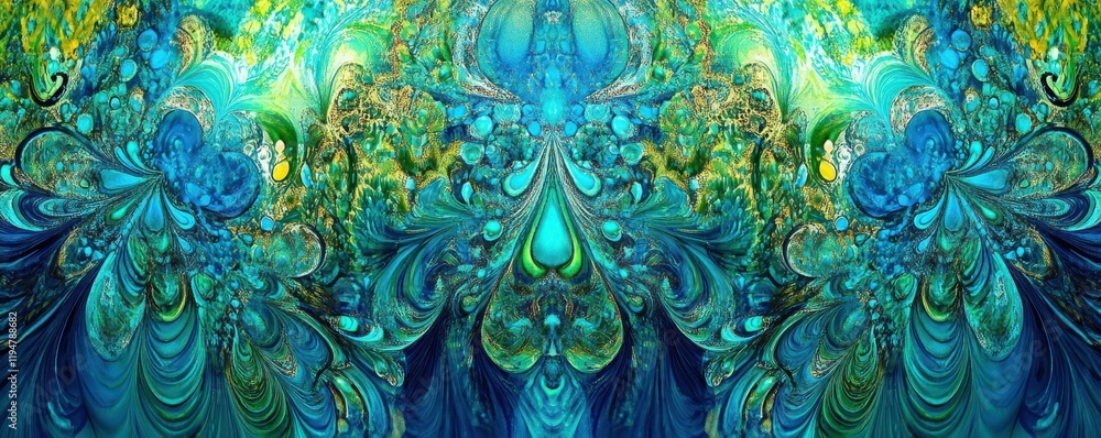 Poster a fractal-inspired abstract with intricate repeating patterns in blue and green, 4k photo.