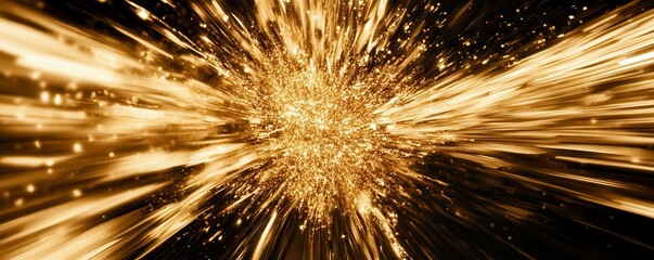 Obraz premium Abstract gold glitter explosion on a black background, elegant festive design, dynamic visual energy.