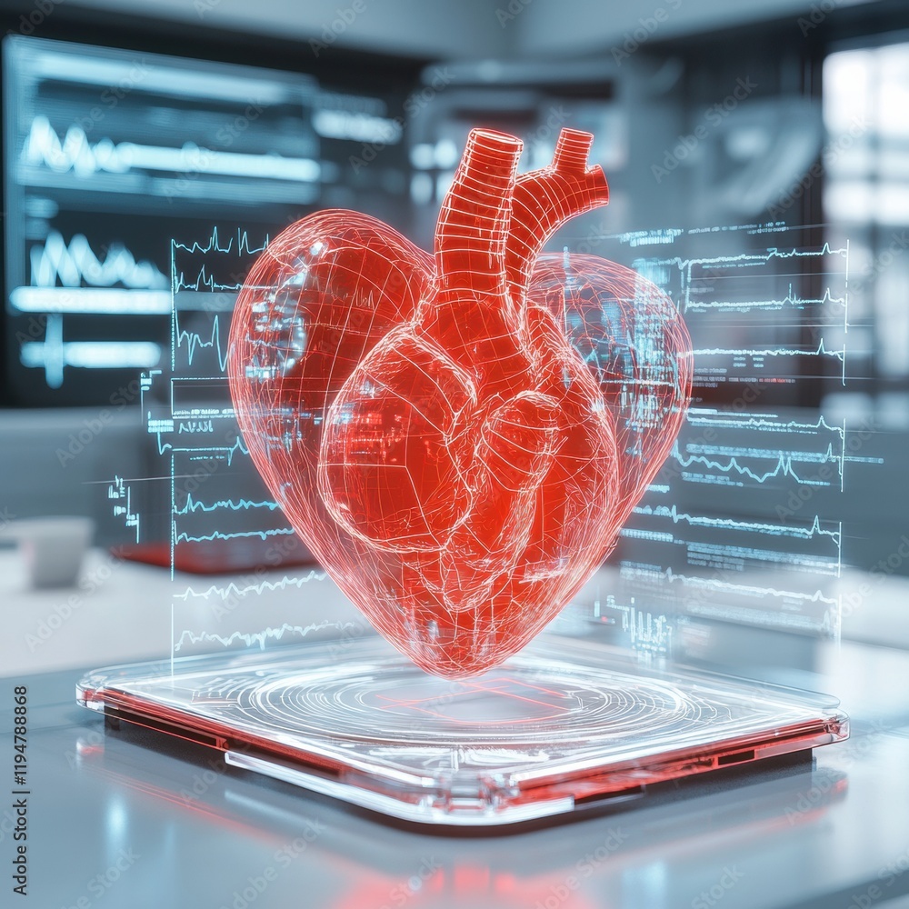 Poster Glowing red heart with dynamic cardiogram displayed in a modern medical setting. Generative AI