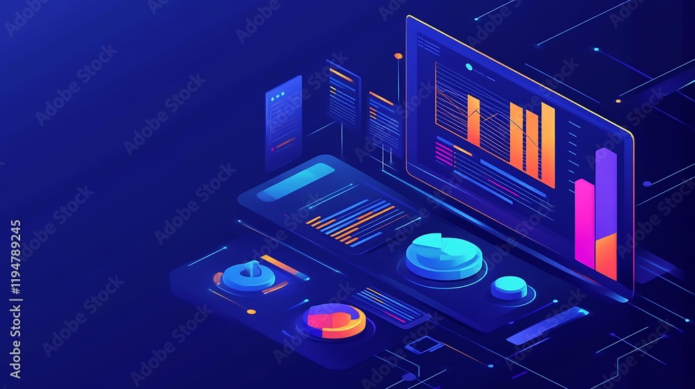 Poster isometric illustration of a data dashboard showcasing various charts and graphs for business analyti