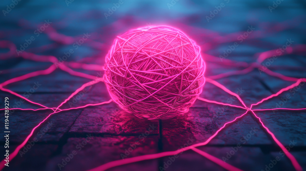 Poster a glowing pink sphere connected by luminous threads on a textured surface.