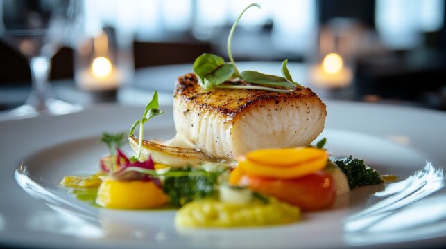 A gourmet meal beautifully plated at an upscale restaurant, Culinary scene, Elegant style
