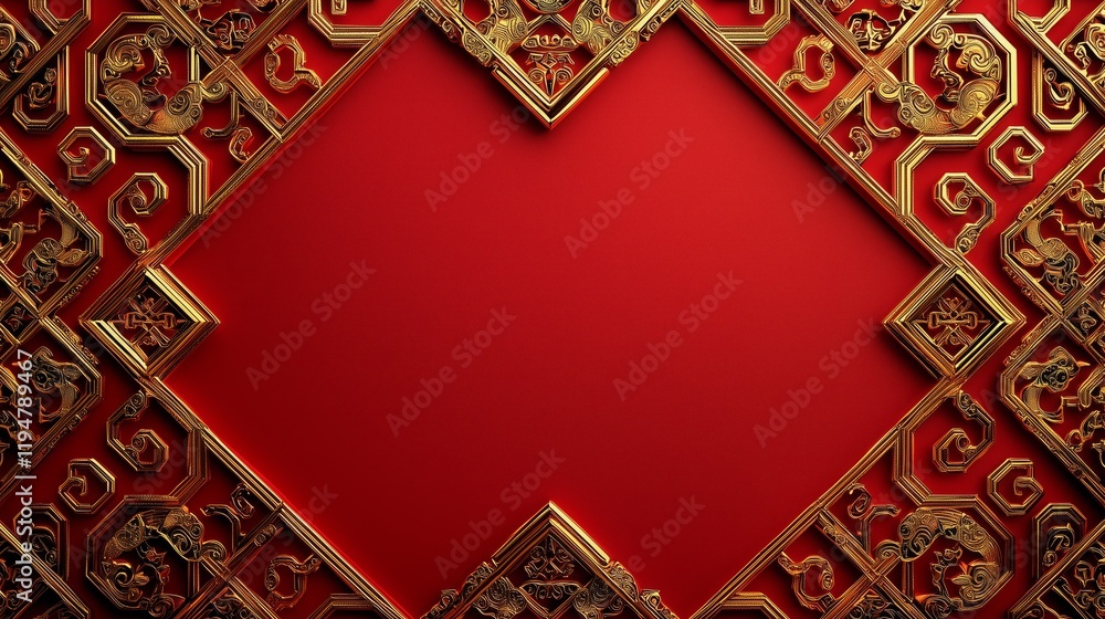 Poster elegant red background with intricate golden frame and design