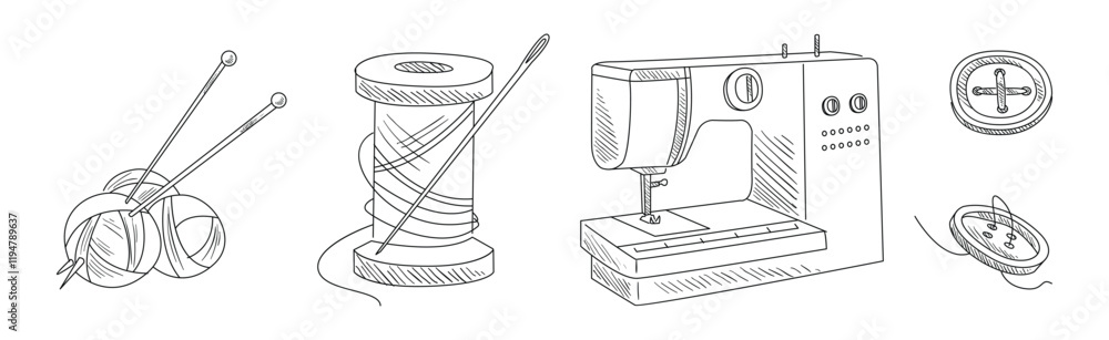 Poster sewing and needlework line sketch object and element vector set