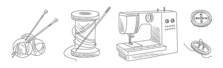 Sewing and Needlework Line Sketch Object and Element Vector Set