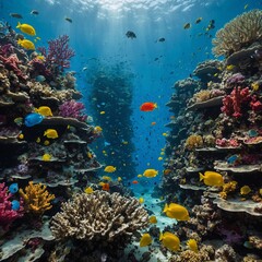 Naklejka premium A colorful reef teeming with exotic fish species, surrounded by coral shaped like underwater skyscrapers.