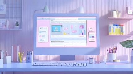 A modern workspace with a computer displaying a digital design mockup for an e-commerce website. The screen shows a detailed layout with product images, navigation menus, and text, illustrating 