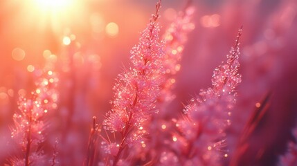 Close-Up of Delicate Pink Grass Sprouts with Morning Dew Glowing Under Soft Sunrise Light, Creating a Dreamy and Ethereal Atmosphere in Nature