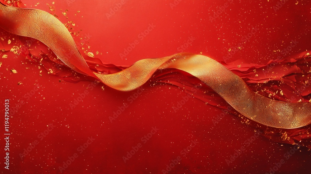 Poster elegant red background with golden ribbons and sparkling elements