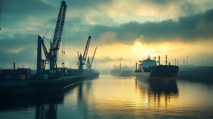 Obraz premium A busy port with oil tankers docked, surrounded by cranes and containers, symbolizing the global effects of crude oil price increases on shipping and transportation logistics. 