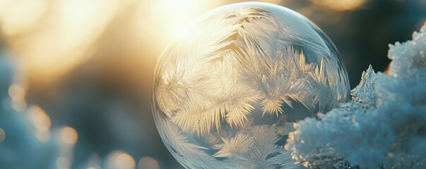 A frozen soap bubble with intricate frost patterns in the morning sun, 4k photo.