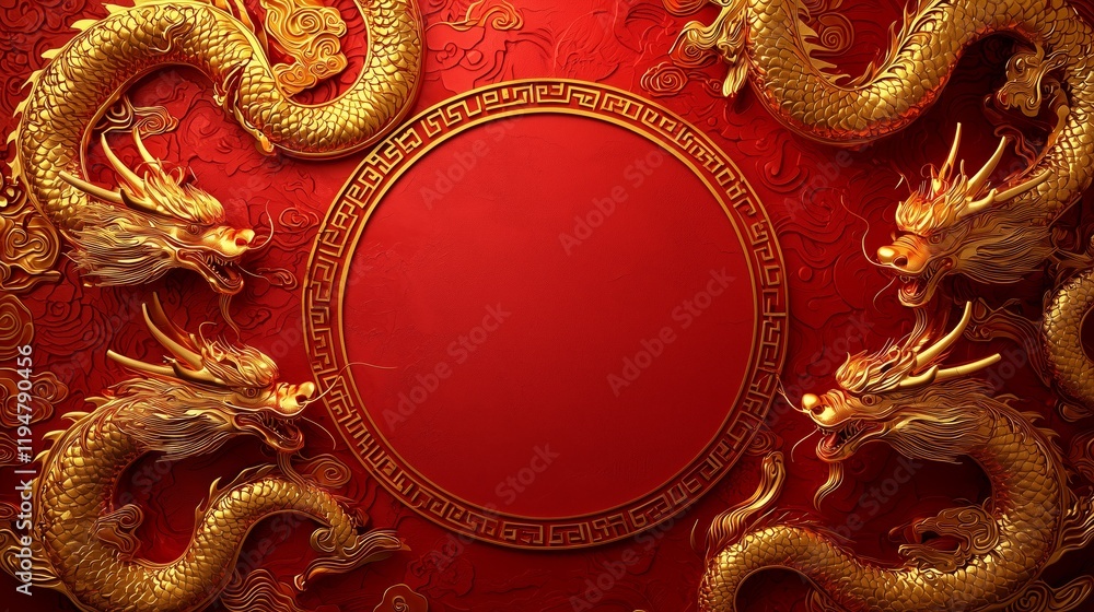 Poster golden dragons on red background with circular space for text