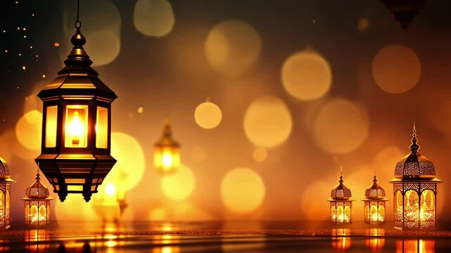 Glowing traditional lanterns with intricate designs, hanging in a warm, golden ambiance, bokeh lights. Spirit of Ramadan and Eid al-Fitr celebrations