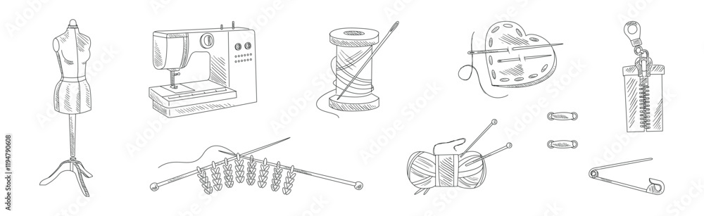 Aufkleber sewing and needlework line sketch object and element vector set