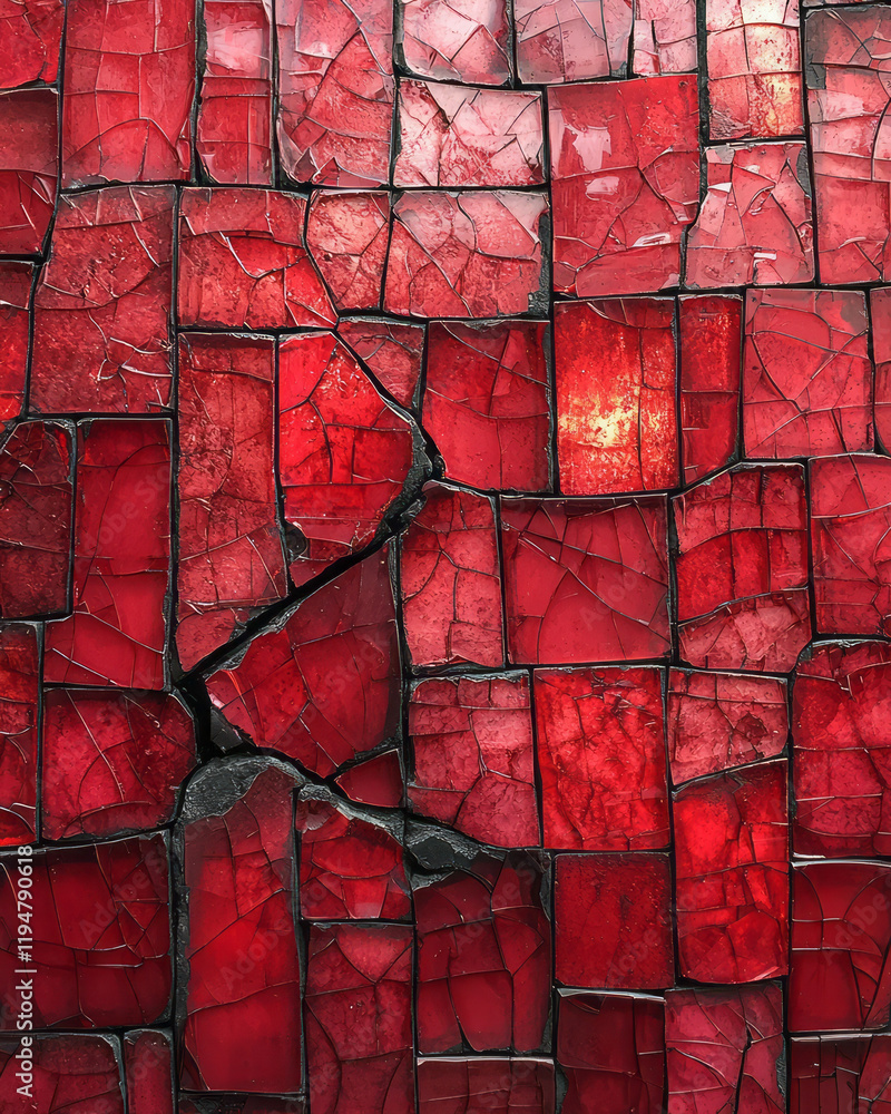 Poster close-up of a wall of deep red translucent tiles, showcasing intricate surface textures and a single