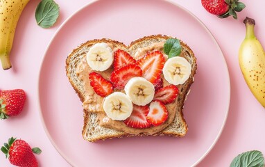 A toast topped with fresh strawberries, bananas, and almond butter on a pastel pink background