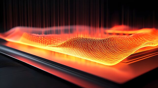 A graphic illustration of a heat-resistant composite panel with thermal sensors, visualizing the dissipation of intense heat across its surface under controlled conditions. 