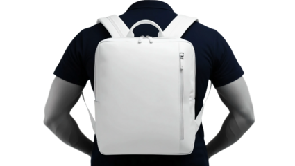 White blank backpack on man's back, view from behind, cut out.