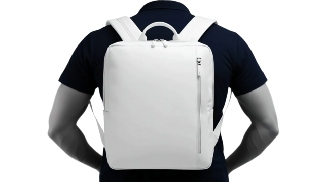 White blank backpack on man's back, view from behind, cut out.
