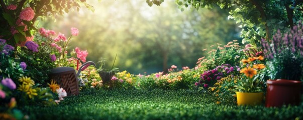 Obraz premium A gardening tools ad with a lush green backdrop and vibrant flowers, 4K photo.