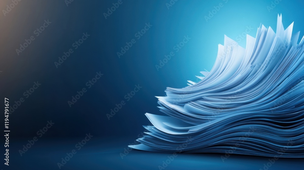 Poster large stack of pages in creative abstract arrangement on a vibrant blue background with soft lightin