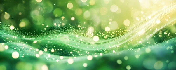 abstract green waves, flowing digital lines, glowing particles in motion, soft bokeh effect, serene illumination, calming nature imagery