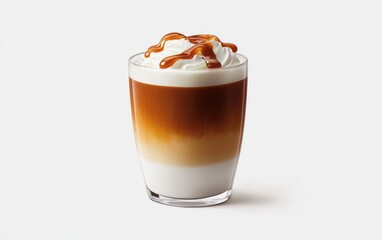 A velvety macchiato with caramel drips hovering dynamically on a clean white background