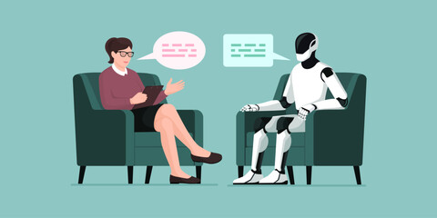 Woman and humanoid AI robot talking together