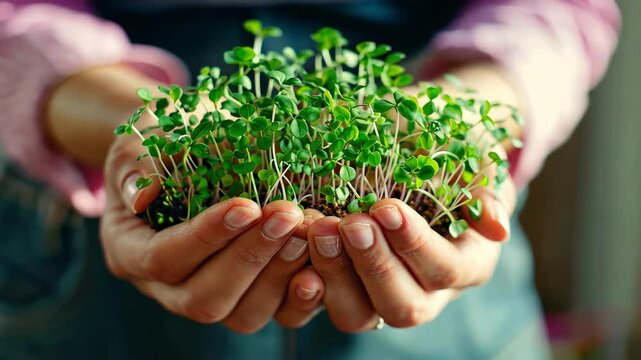 close-up of microgreens in hands. selective focus