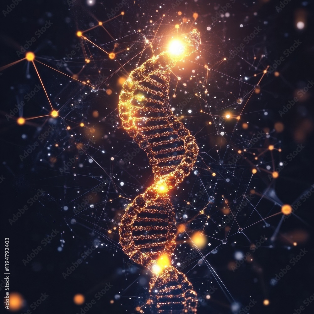 Poster Glowing DNA double helix illuminated by molecular connections and vibrant light effects in a dark background. Generative AI