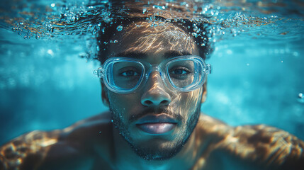 Fototapeta premium A dynamic underwater shot of an athlete swimming in a pool, focusing on their determined face and extended arm, with vibrant blue tones,