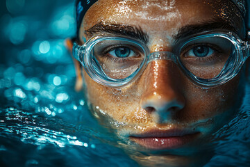A professional swimmer underwater in a pool, captured mid-stroke, wearing a swim cap and goggles, with a clear view of pool tiles and rippling water above,