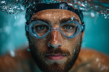 A professional swimmer underwater in a pool, captured mid-stroke, wearing a swim cap and goggles, with a clear view of pool tiles and rippling water above,