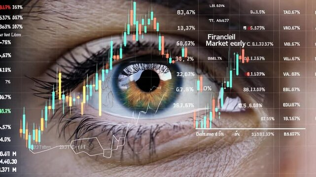 A close-up shot of a human eye overlaid with a dynamic stock market chart, symbolizing the intricate relationship between human perception and financial trends.