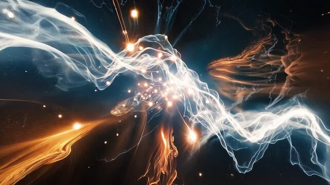 An abstract image depicting a mesmerizing collision of energy, swirling nebulae in vibrant hues of blue and orange, interspersed with glowing particles.