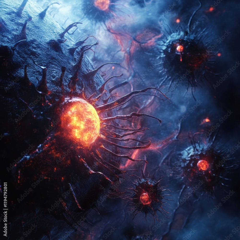 Poster glowing cell illuminated amidst a swarm of menacing viruses in a dark environment. generative ai