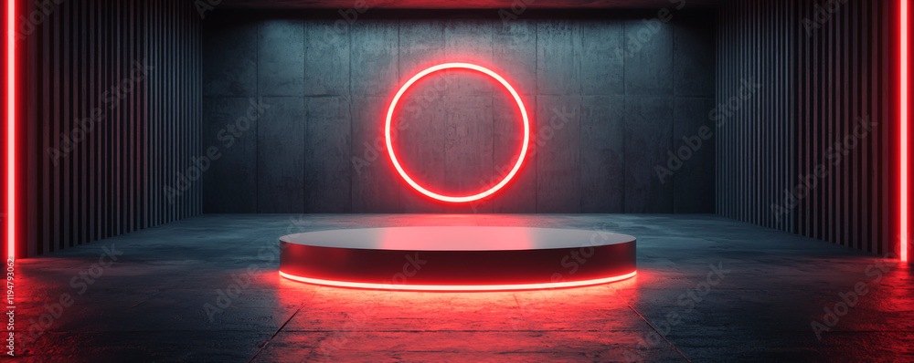 Poster a modern, illuminated studio space featuring a glowing circular object on a podium.