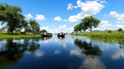 Obraz premium Peaceful River Scene with Boats