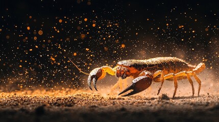 Fototapeta premium Scorpion in a dramatic close-up, illuminated by scattered light particles against a dark background. Highlights danger, nature, and survival. Generative AI