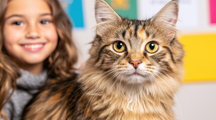 Happy cat at a pet adoption event concept. A girl smiling with a fluffy cat in a colorful background
