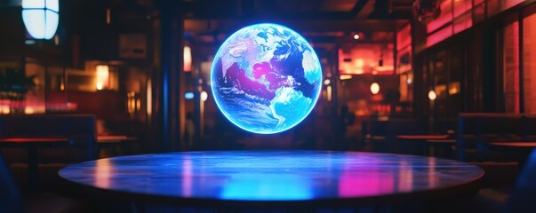Fototapeta premium A glowing 3D hologram of Earth floating above a futuristic table, 4k photo.