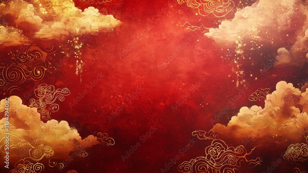 Poster red and gold artistic background with clouds and swirling patterns