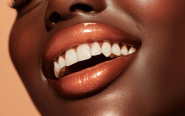 Naklejka premium A vibrant smile with glossy lips and impeccable teeth, captured on a beige background