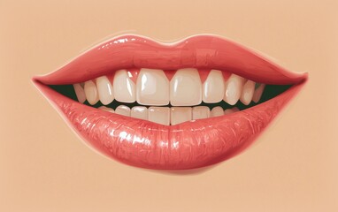 A vibrant smile with glossy lips and impeccable teeth, captured on a beige background