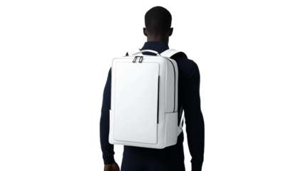 White blank backpack on man's back, view from behind, cut out.